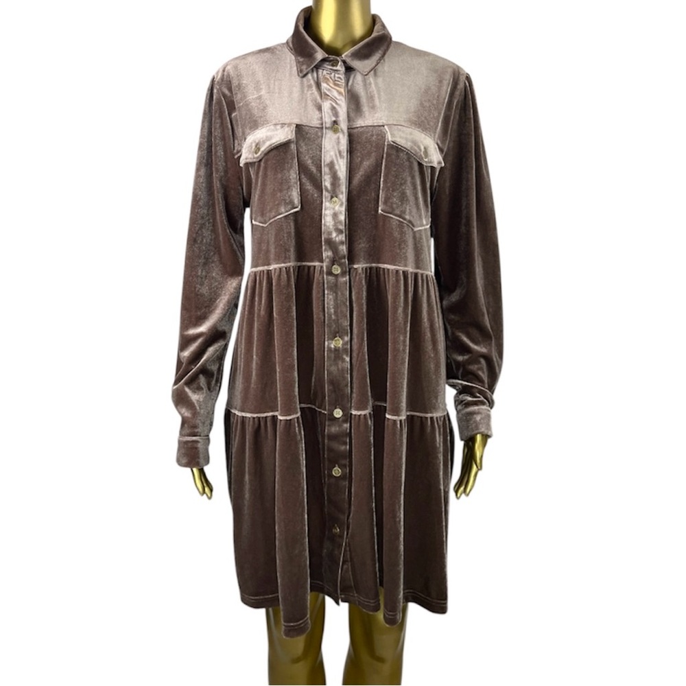 Umgee  USA Velvet Tiered Dress Mocha Brown Button Down Long Sleeve Wms  Large